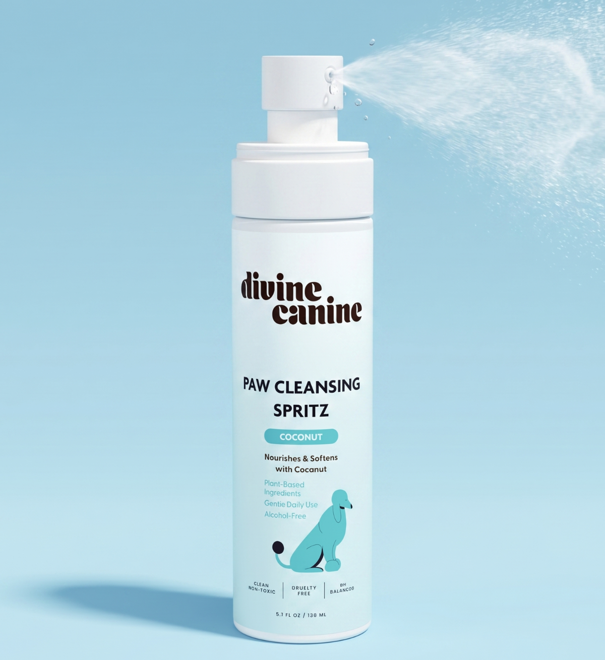 Bottle of divine canine paw cleansing spritz on a light blue background
