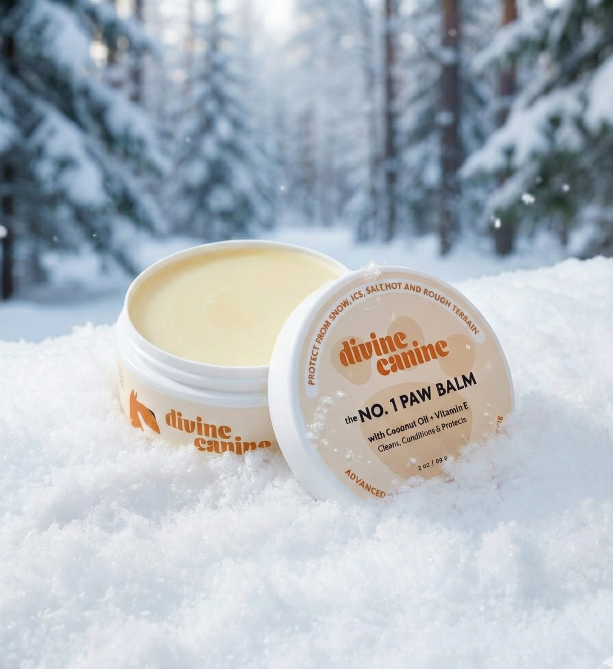 Divine Canine No. 1 Paw Balm tin open in snow with a snowy forest background