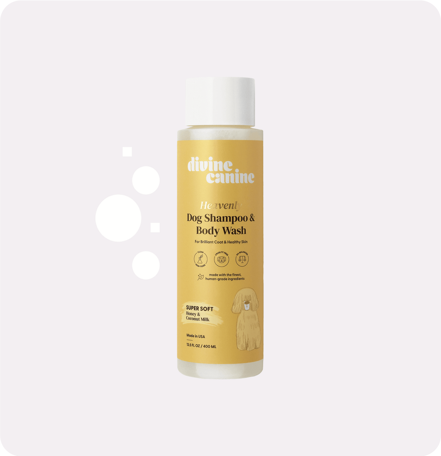 Heavenly Dog Shampoo Super Soft 13.5 fl oz bottle on light background