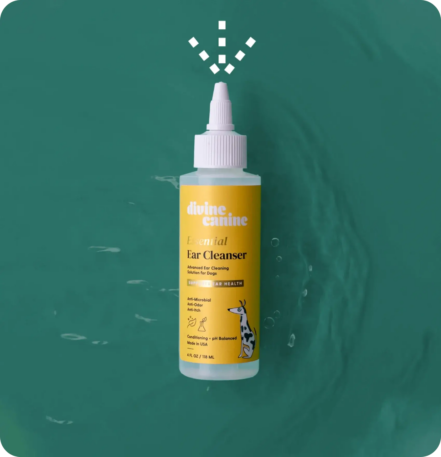 Essential Ear Cleanser bottle on a green water background