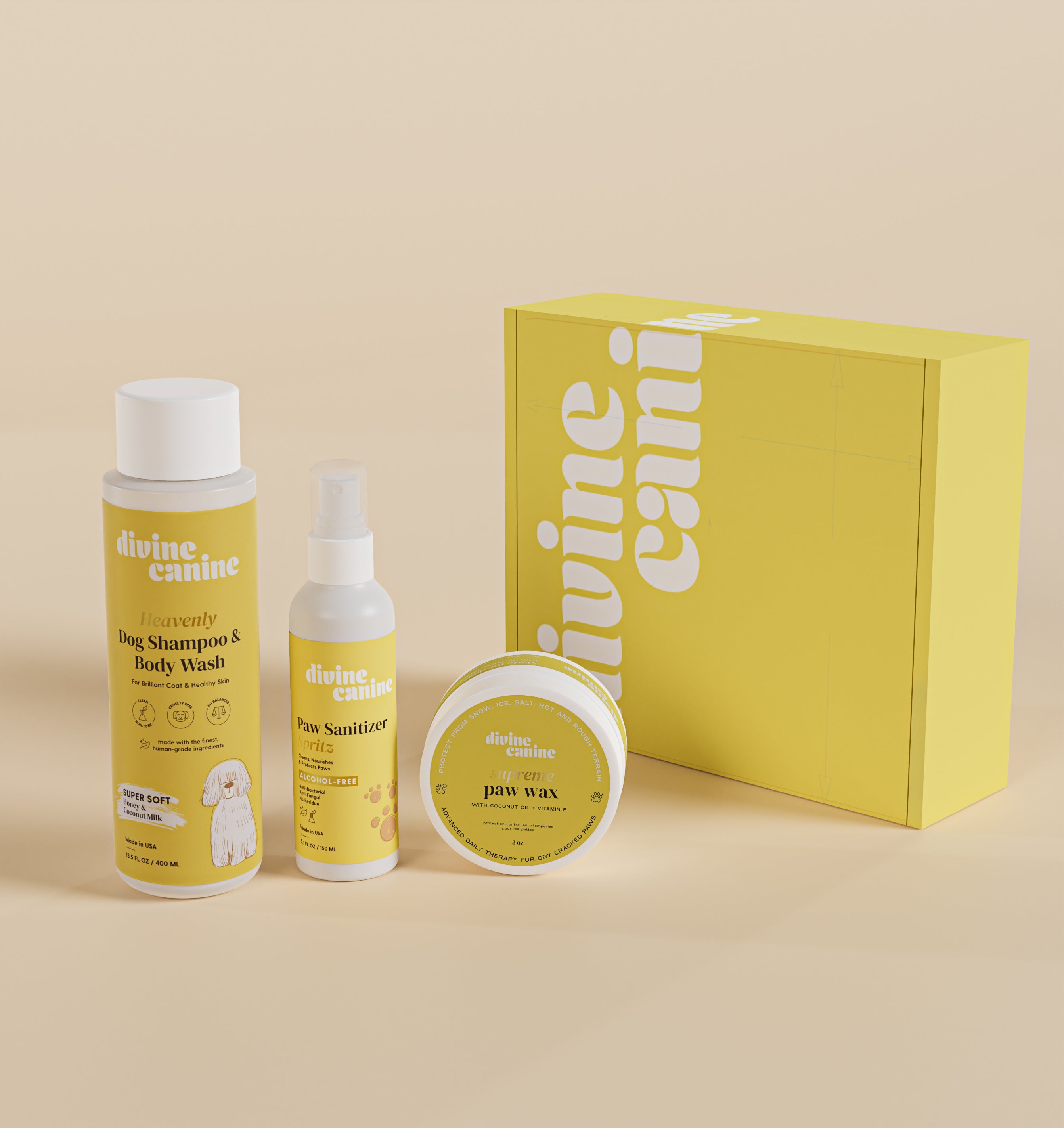 {"loading" => "eager", "class" => "motion-reduce", "sizes" => "(min-width: 1440px) 327px, (min-width: 990px) calc((100vw - 10rem) / 4), (min-width: 750px) calc((100vw - 10rem) / 3), calc(100vw - 3rem)", "widths" => "165, 360, 535, 750, 940, 1100", "alt" => "Box of Heavenly Dog Shampoo Body Wash Super Soft, Paw Sanitizer Spritz, Supreme Paw Wax", "is" => "lazy-image"}