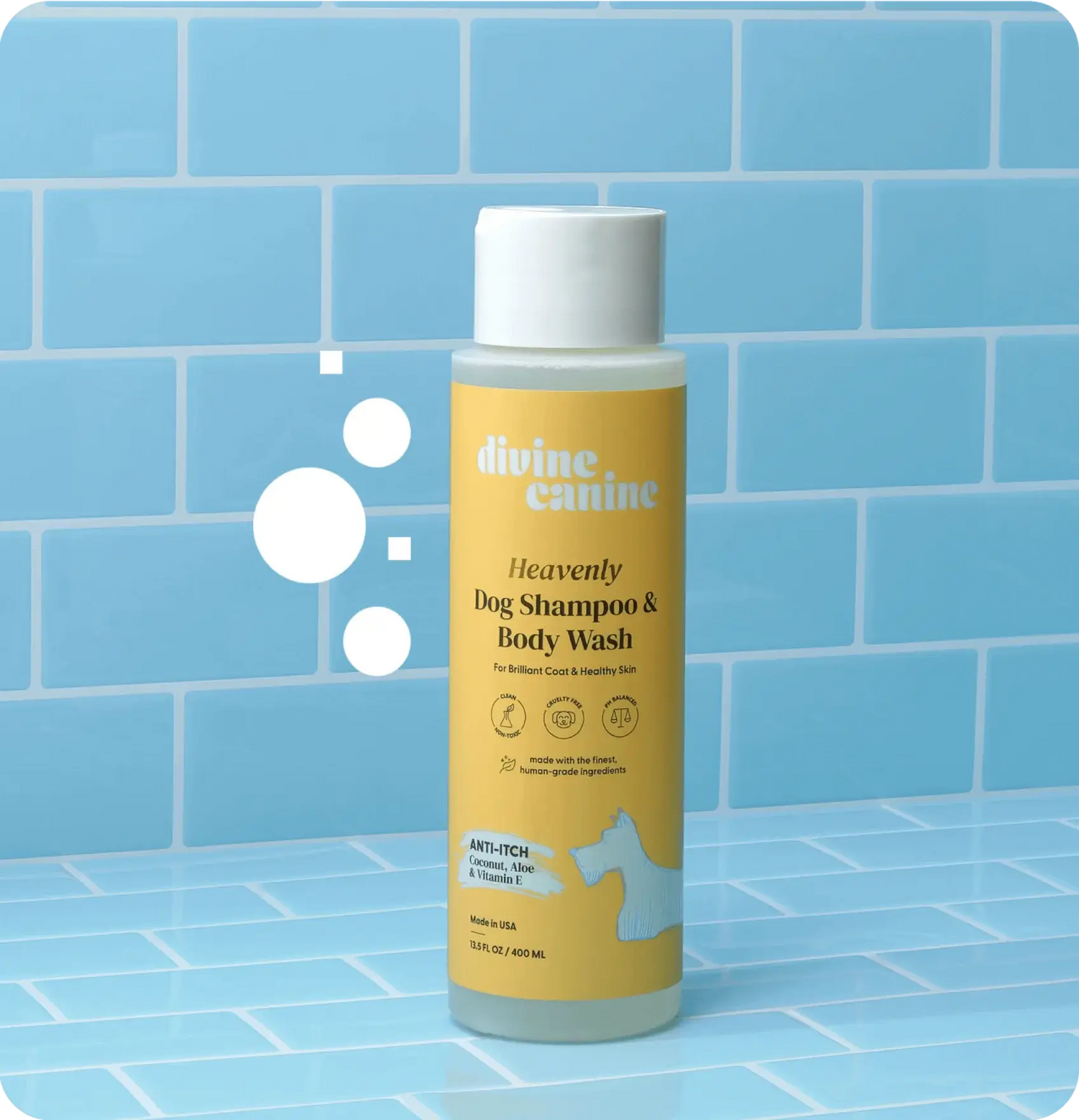 natural dog shampoo bottle formulated for itchy skin relief helping calm irritation while gently cleansing coat and improving shine and softness