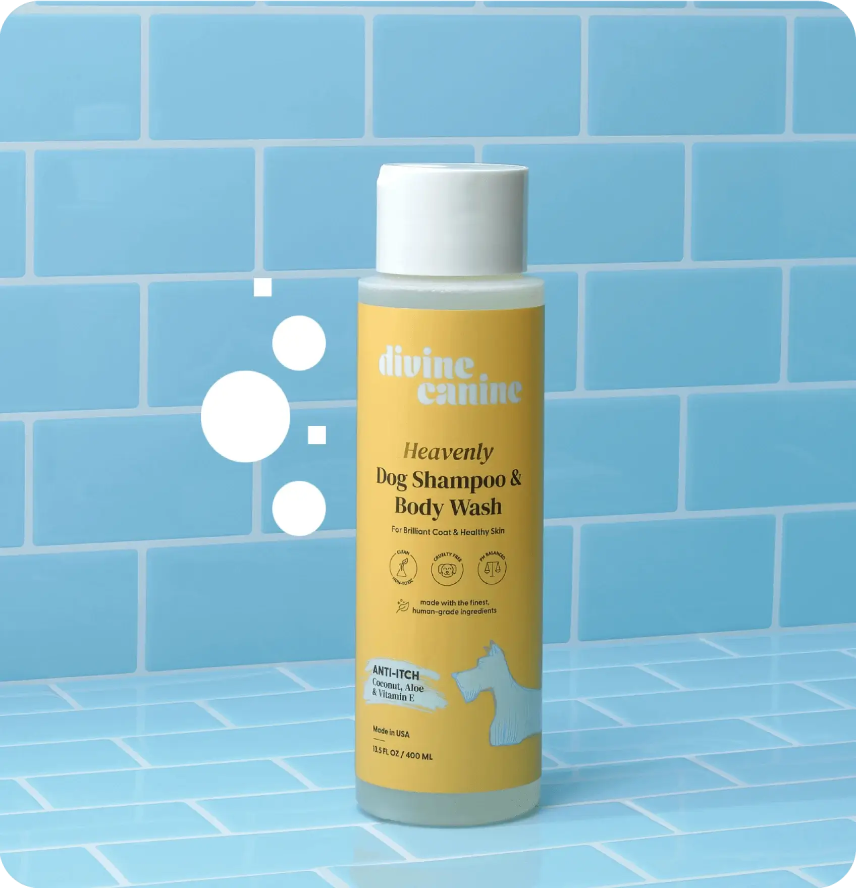 bottle of Heavenly Dog Shampoo Anti-Itch with blue background