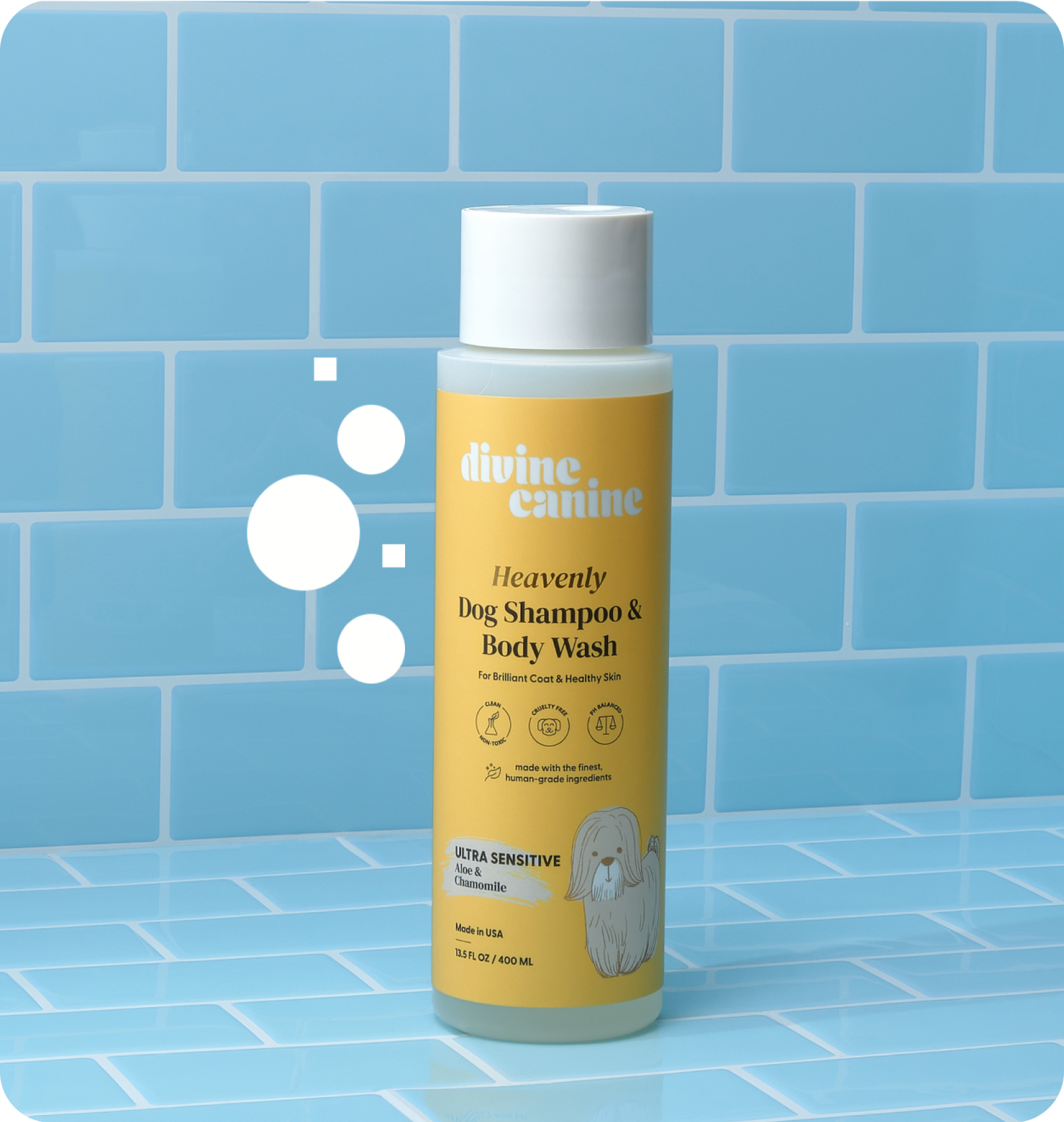 Heavenly Dog Shampoo Ultra Sensitive bottle on blue tile background
