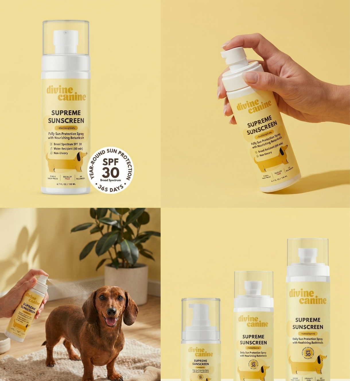 Supreme Sunscreen product collage with bottle, hand application, and dachshund