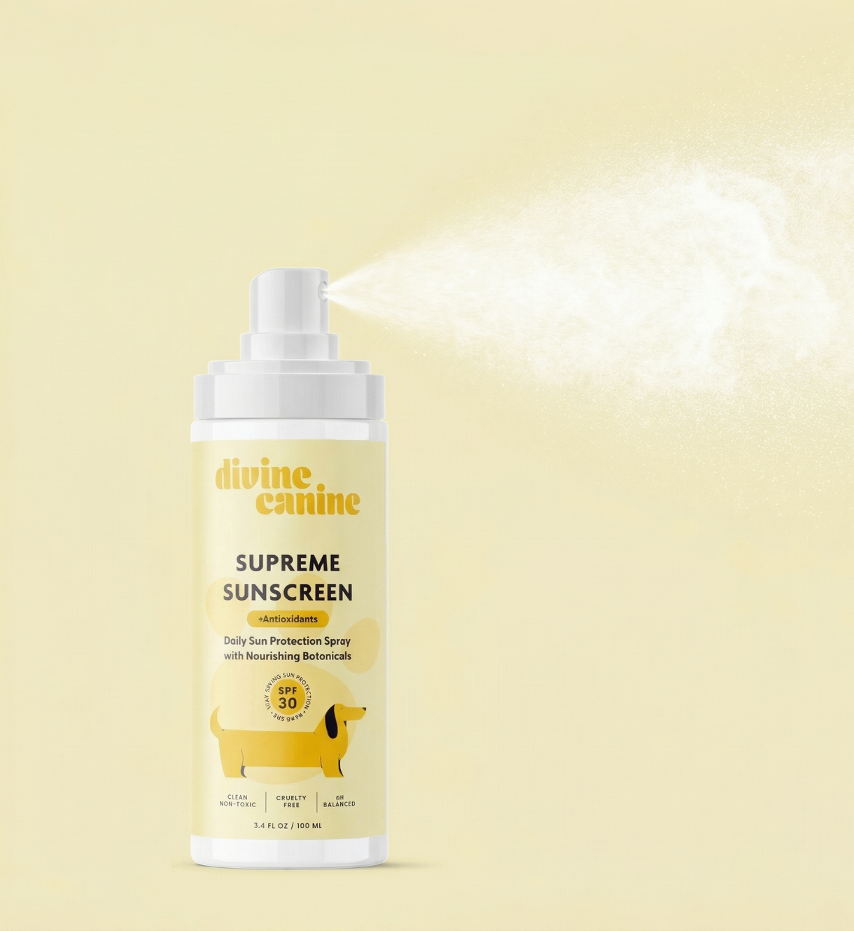 Supreme Sunscreen bottle spraying mist on yellow background