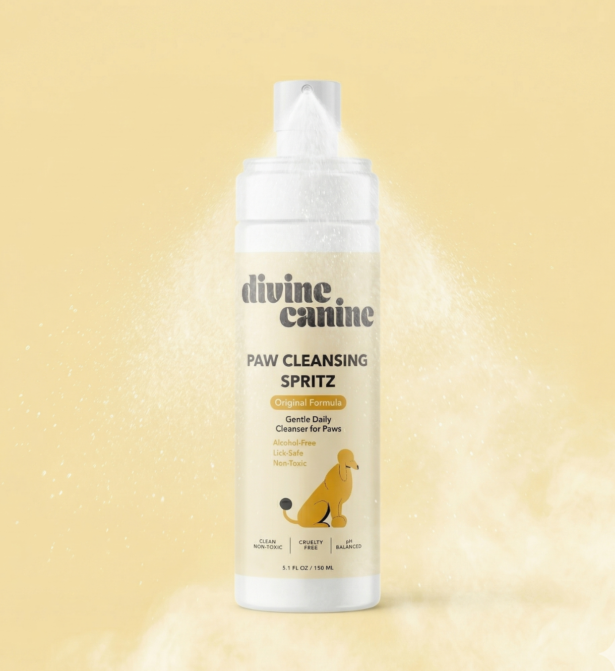 Divine Canine Paw Cleansing Spritz Original Formula bottle surrounded by a soft powder cloud on a beige background
