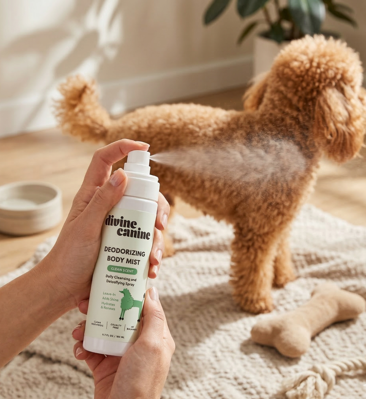 Person spraying Deodorizing Body Mist on a poodle indoors