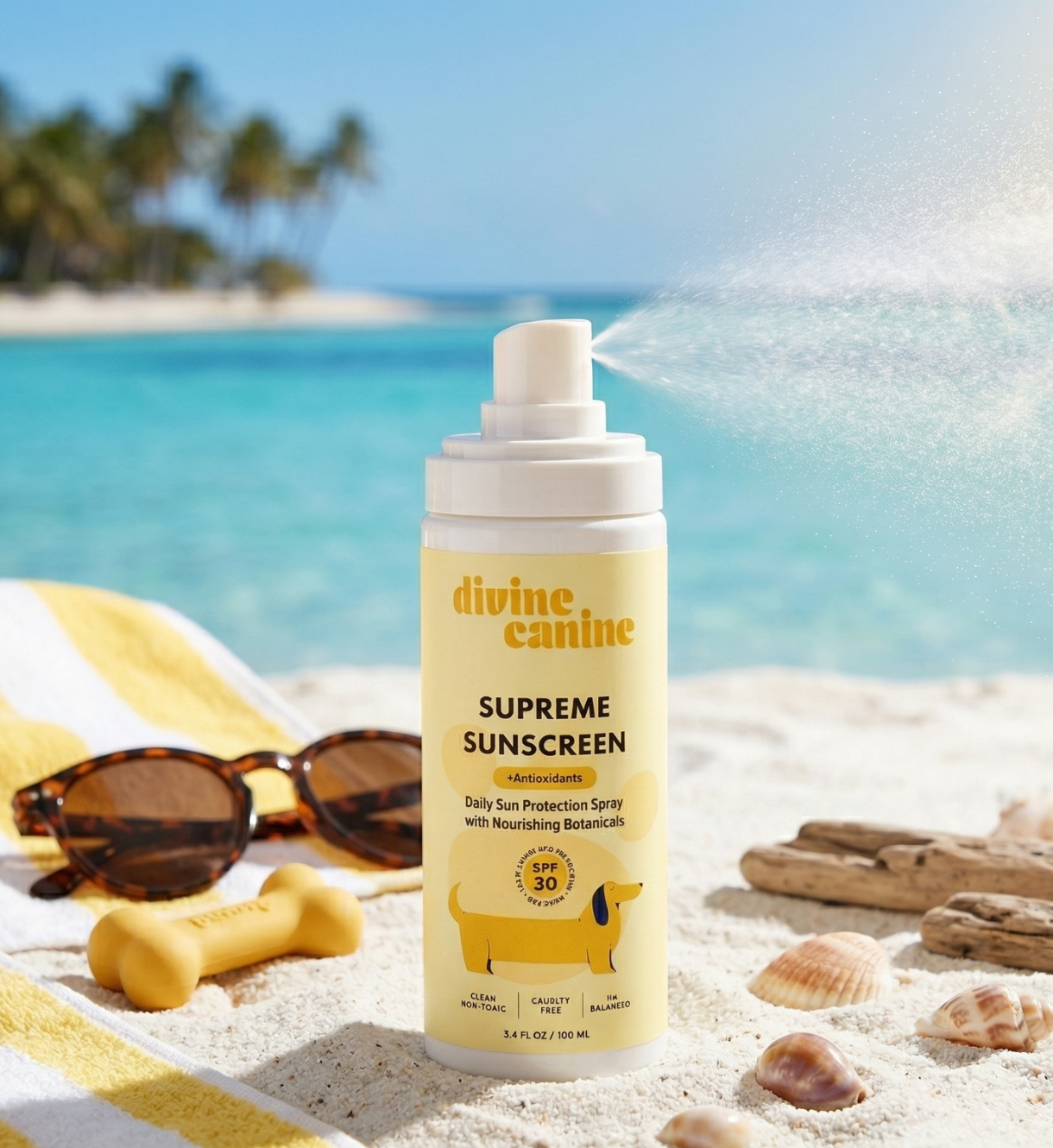 Supreme Sunscreen spray bottle on a beach with sunglasses, towel, and shells.