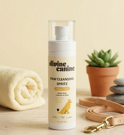 Divine Canine Paw Cleansing Spritz Original Formula bottle on a wooden surface with a rolled towel, potted succulent, stones, and a leather leash