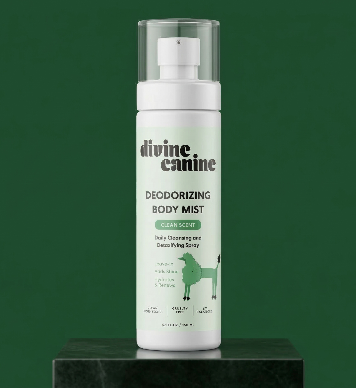 Deodorizing Body Mist Clean Scent bottle on green pedestal