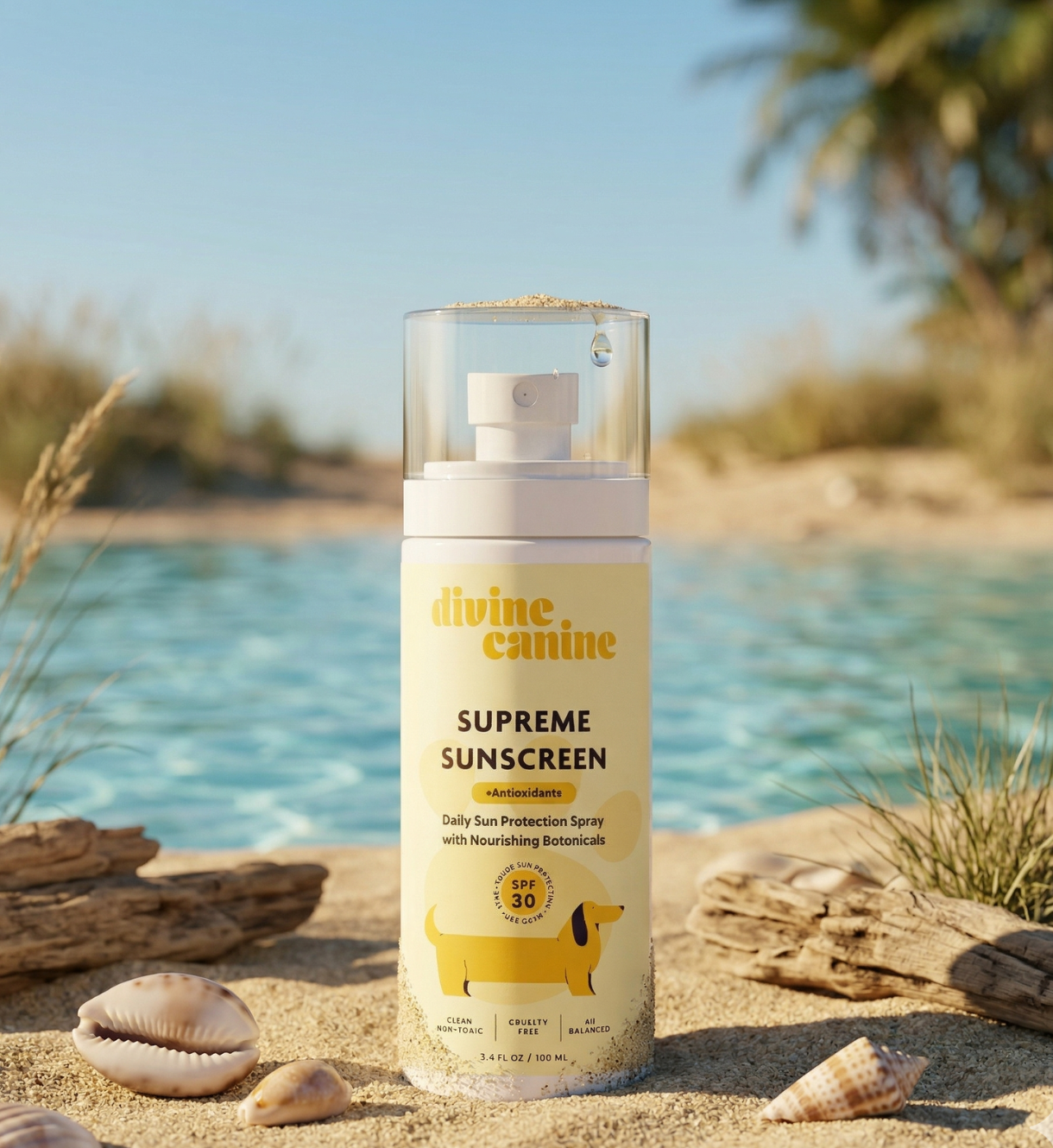 Divine Canine sunscreen spray bottle on a beach with ocean and sand in the background