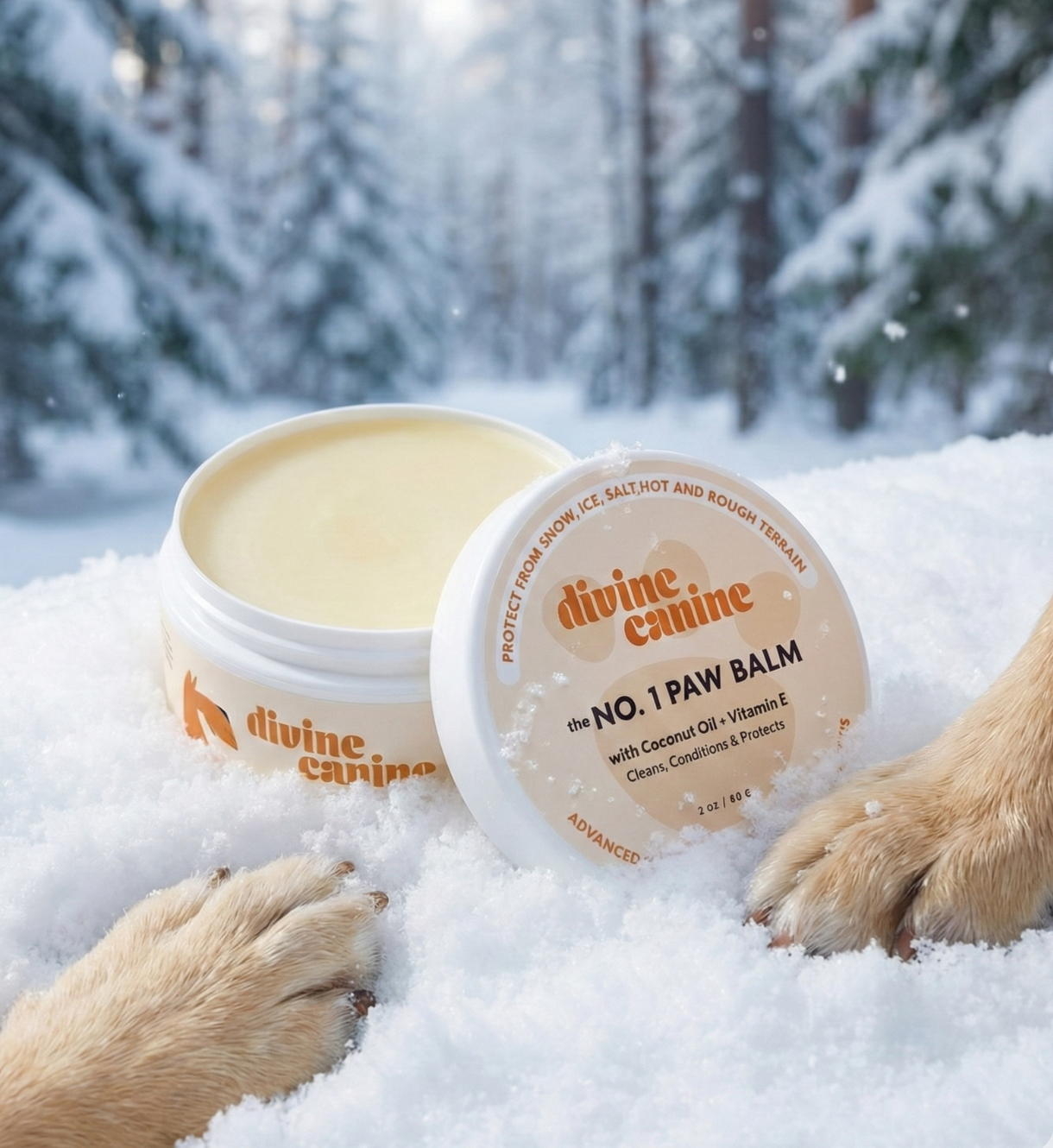 Divine Canine No. 1 Paw Balm tin open in the snow with two dog paws beside it in a winter forest setting