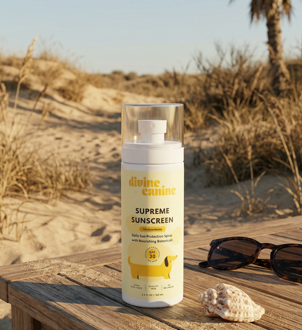 Divine Canine sunscreen spray bottle on a wooden surface with a beach background