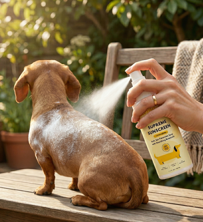 Person applying Supreme Sunscreen spray to a dog outdoors