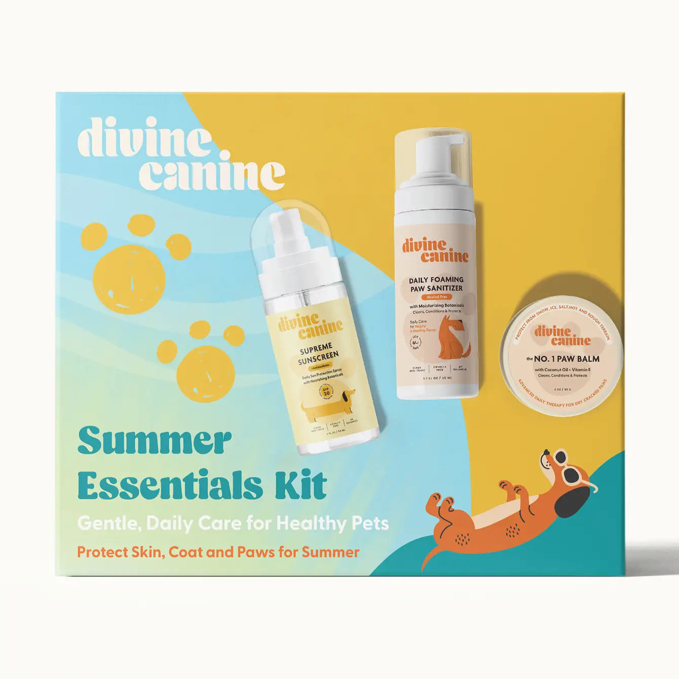 Summer Essentials Kit packaging with foaming paw sanitizer, supreme sunscreen, and No. 1 Paw Balm