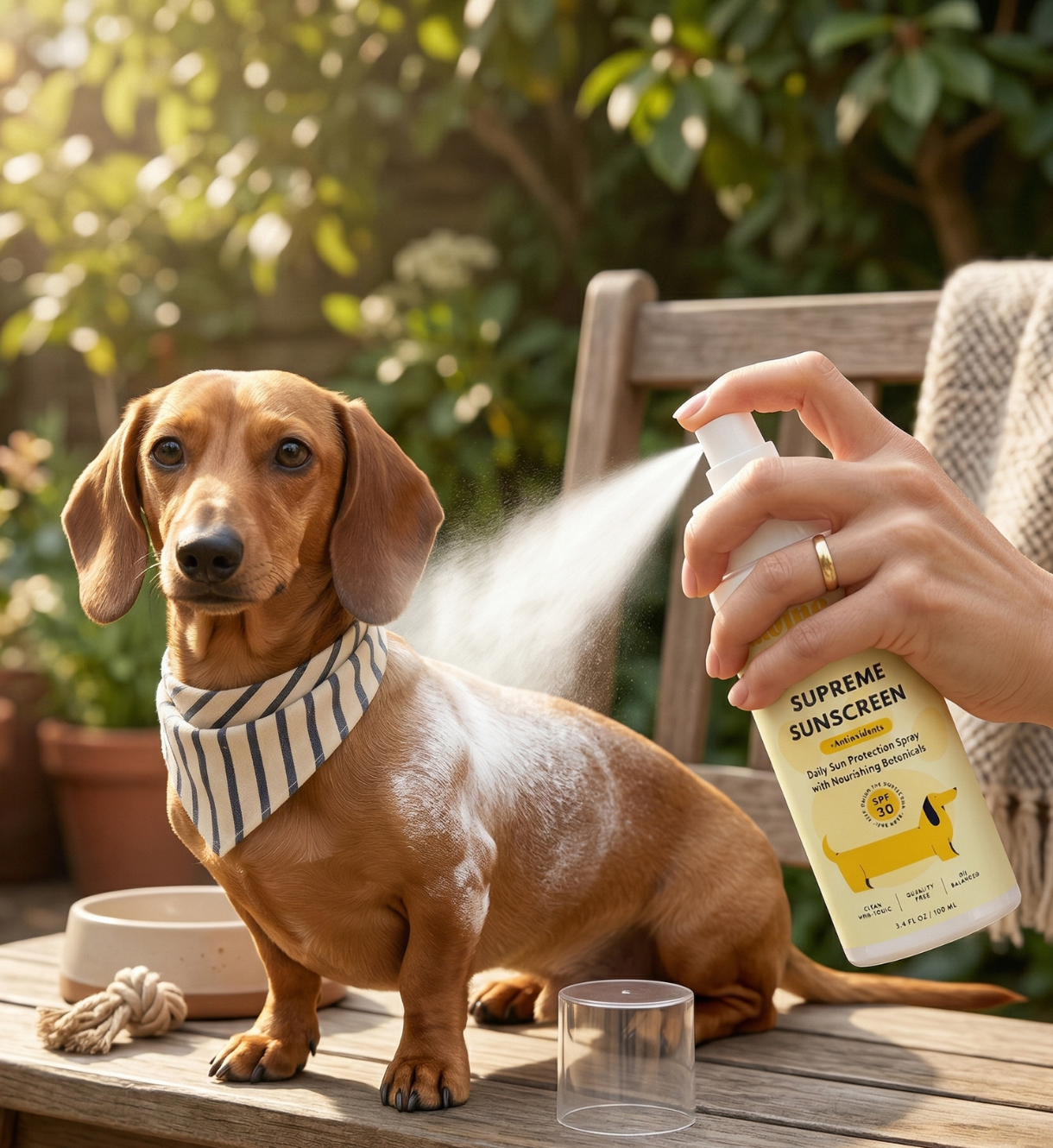 Person applying sunscreen spray to a dachshund on a wooden table outdoors.