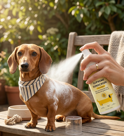 Person applying sunscreen spray to a dachshund on a wooden table outdoors.