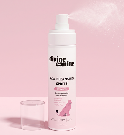 Bottle of divine canine paw cleansing spritz on a pink background