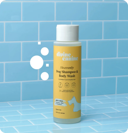 bottle of Heavenly Dog Shampoo Anti-Itch with blue background