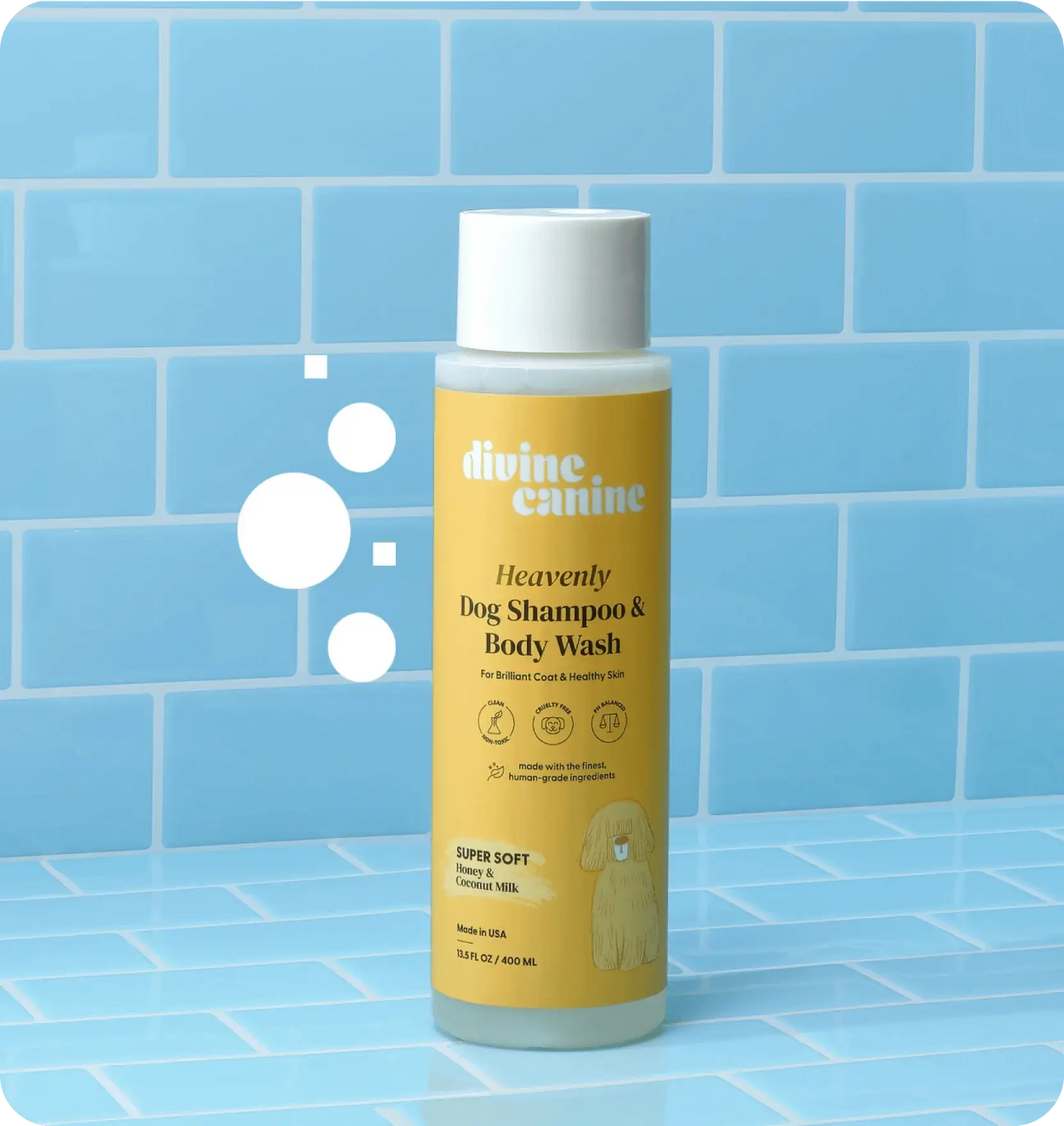 Bottle of Heavenly Dog Shampoo Super Soft with blue background