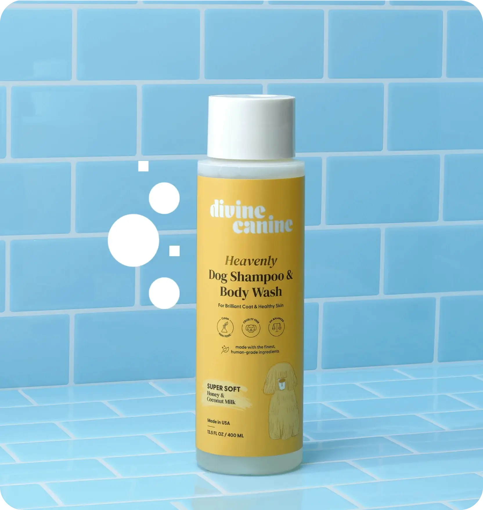 Bottle of Heavenly Dog Shampoo Super Soft with blue background