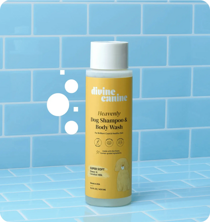 Bottle of Heavenly Dog Shampoo Super Soft with blue background